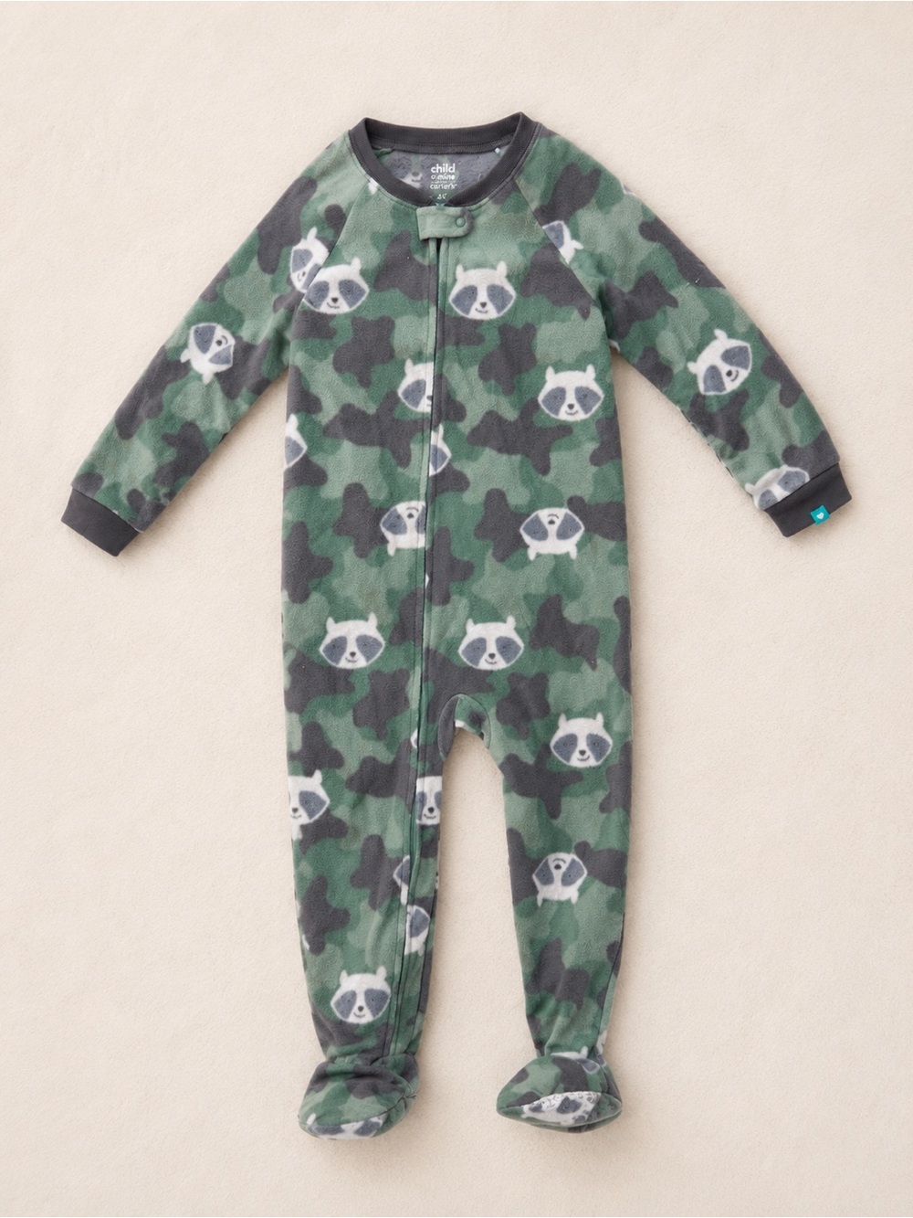 Carter’s Child of Mine 4T Green Camo Raccoon Fleece Sleeper / Raccoon Footed Pjs